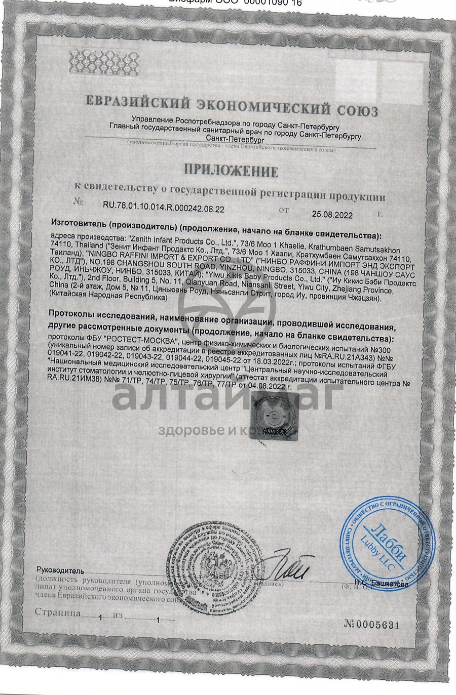 Сертификат на товар Лабби прорезыватель арбуз Лабби прорезыватель арбуз сертификат